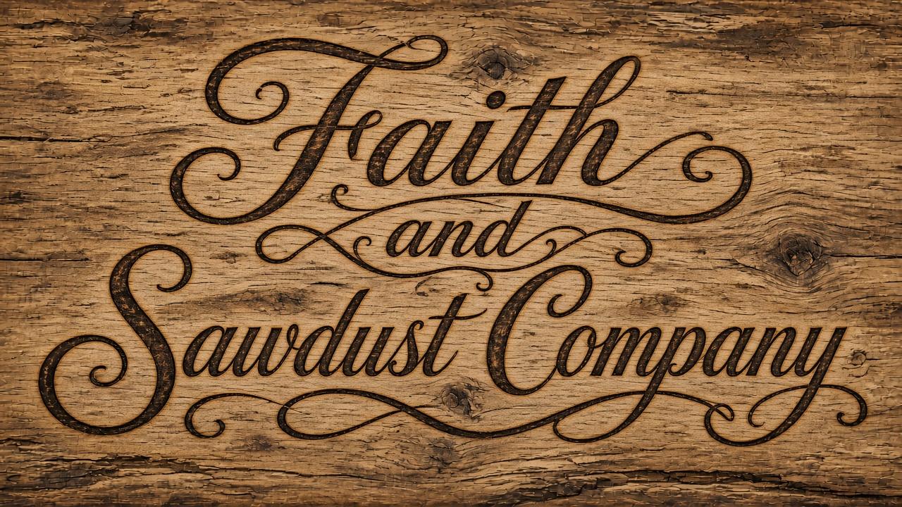 Sample wood board with Faith and Sawdust Company burned across the face